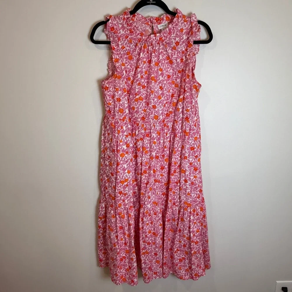 JCrew Pink Orange Floral Ruffle Neck Tiered Midi Dress Size 6 - Picture 1 of 6